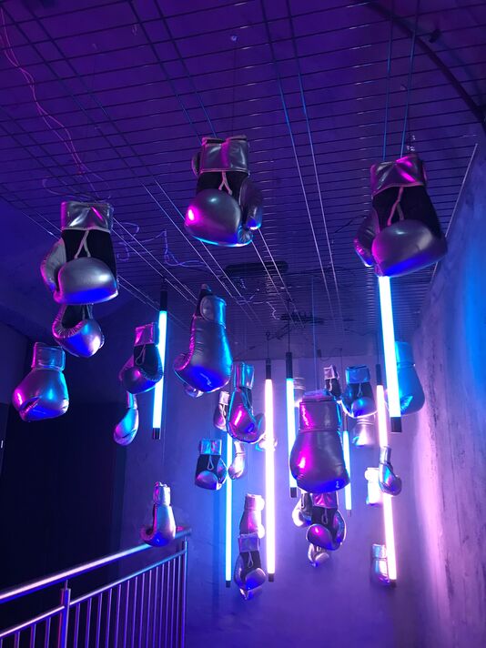 Mehrere Boxhandschuhe hängen von der Decke.